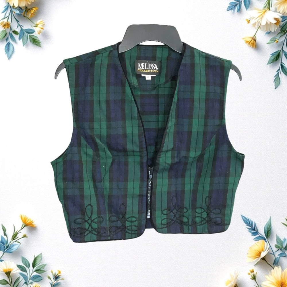 Melissa Collection Vintage Black Green Navy Plaid Zip Vest w Scrolling Women 8